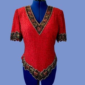 Vintage Laurence Kazan Red Beaded V Neck Blouse